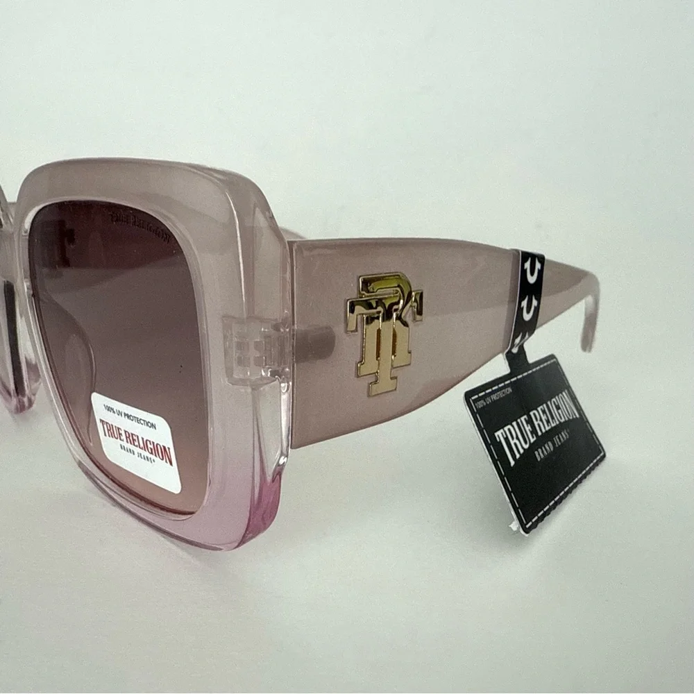 NEW TRUE RELIGION Oversized Square Sunglasses Clear Light Pink Acetate